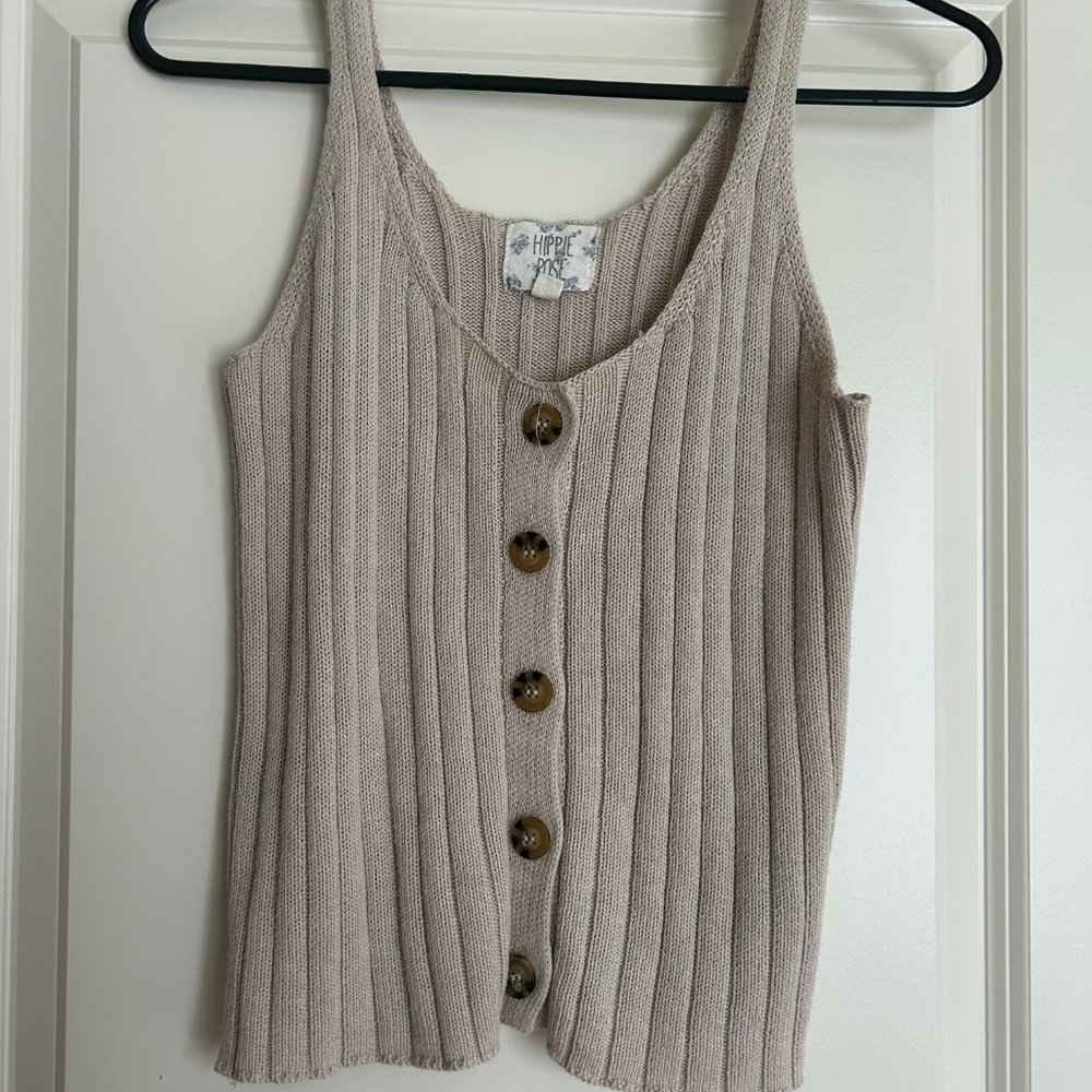 Beige Hippie Rose Knit Tank Top with Buttons